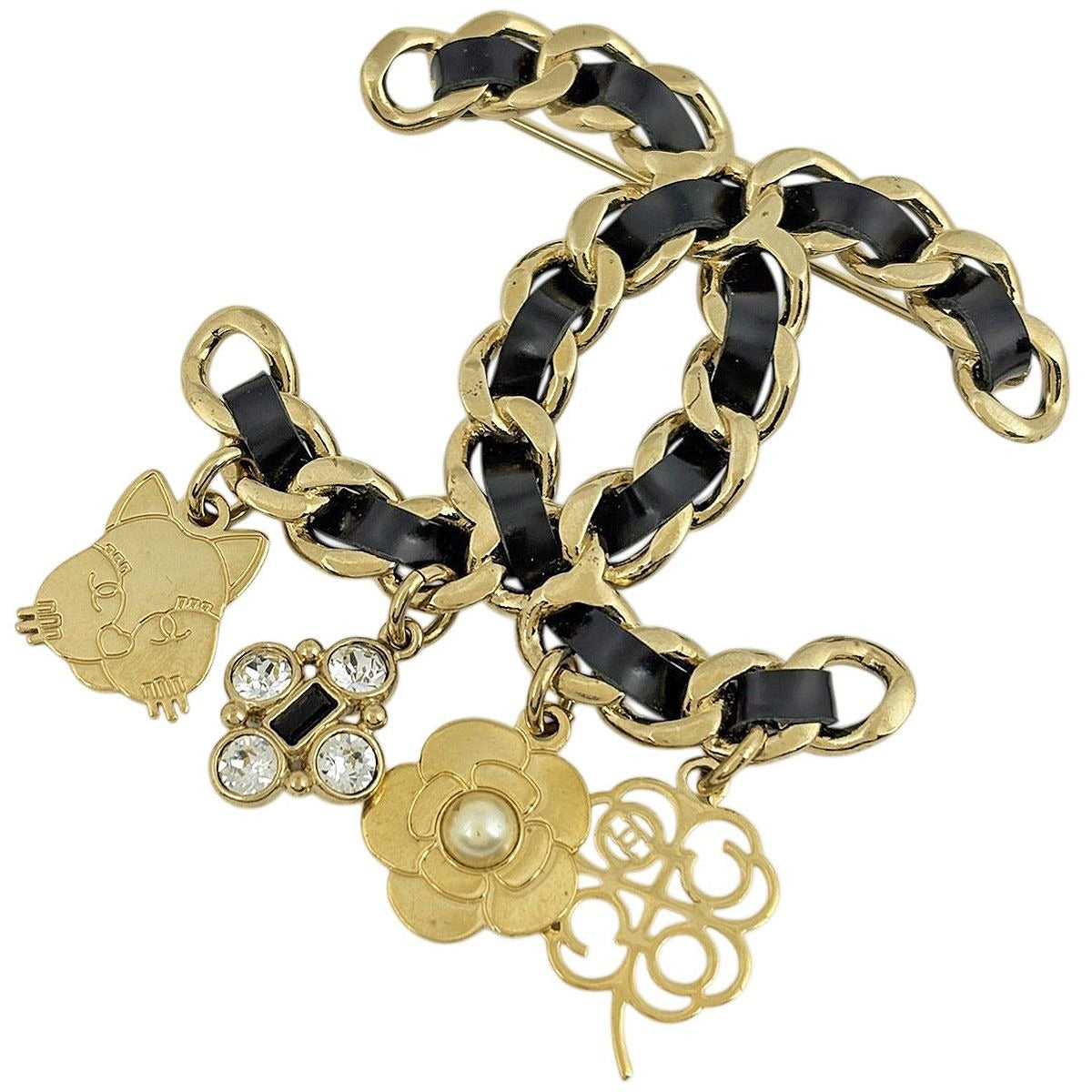 Chanel CC Logo Brooch Camellia Clover Gold Plated Black
