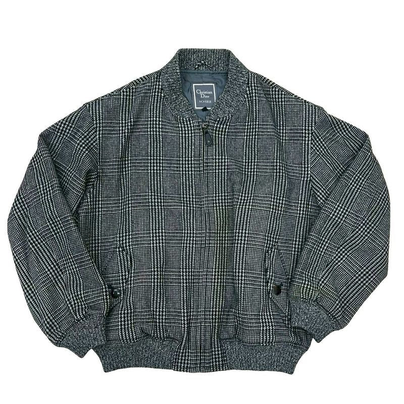 Christian Dior Houndstooth Pattern Wool Nylon Zip Up Blouson Jacket Jumper