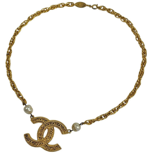 Chanel CC Logo Faux Pearl Necklace Gold Plated