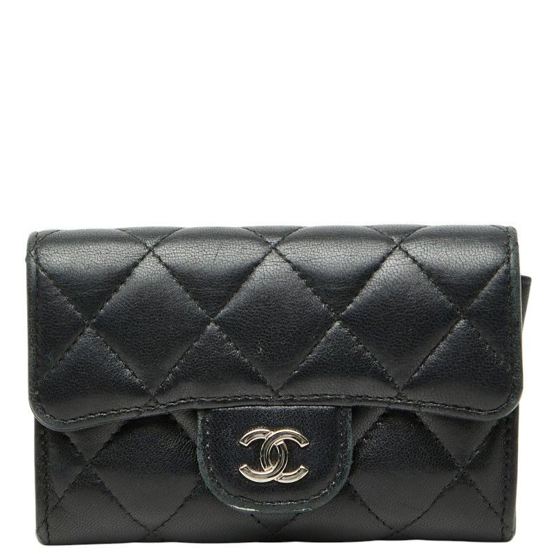 Chanel Quilted CC Logo Card Case Coin Purse Black Lambskin