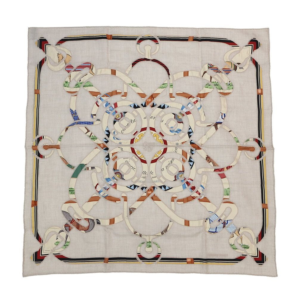 Hermes Scarf Carre 90 Appl Couvertures ET Tenues Cashmere Silk Mastic Natural Multicolor