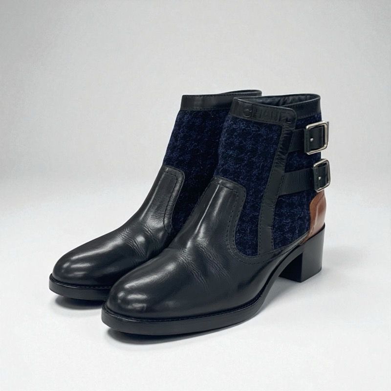Chanel Boots Short Boots Shoes Tweed Black Navy Brown Logo Belt