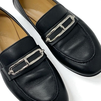 Hermes Colette Loafer Leather Shoes Black Silver Moccasin Flat