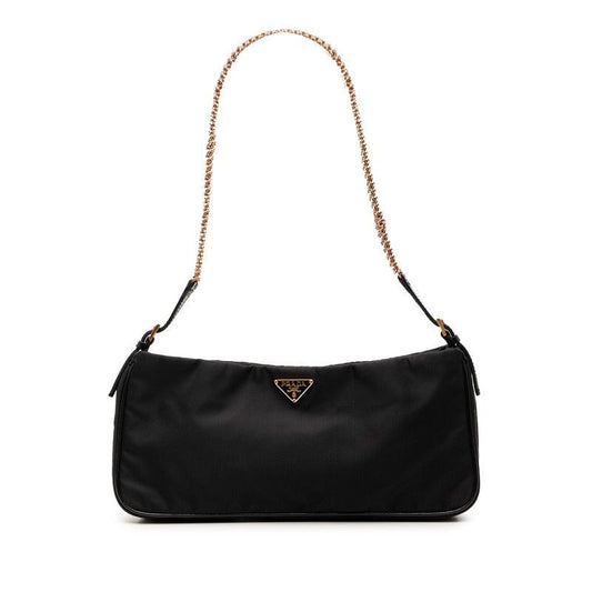 Prada Chain Shoulder Bag Black Gold Nylon Leather
