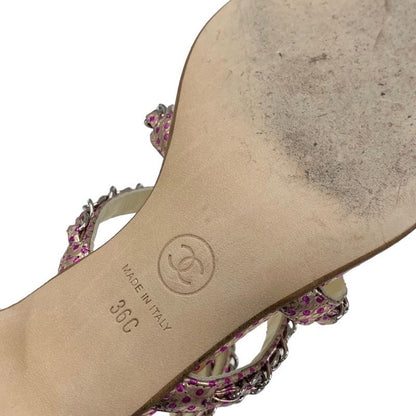 Chanel Sandals Shoes Leather Pink Silver Coco Mark Chain Dot Metallic