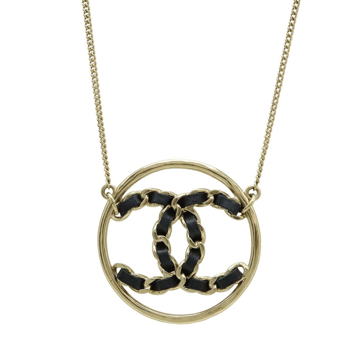 Chanel CC Logo Circle Chain Necklace Pendant Leather Gold Black