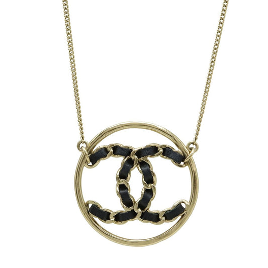 Chanel CC Logo Circle Chain Necklace Pendant Leather Gold Black