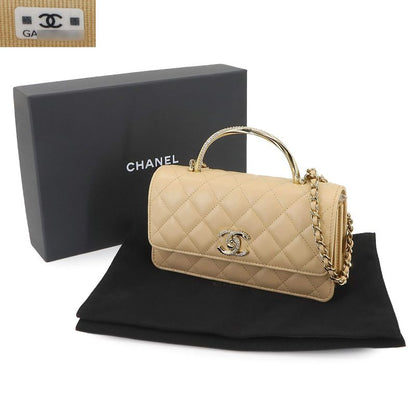 Exhibited Chanel Matelasse 2way Hand Chain Wallet Long Wallet Lambskin Beige