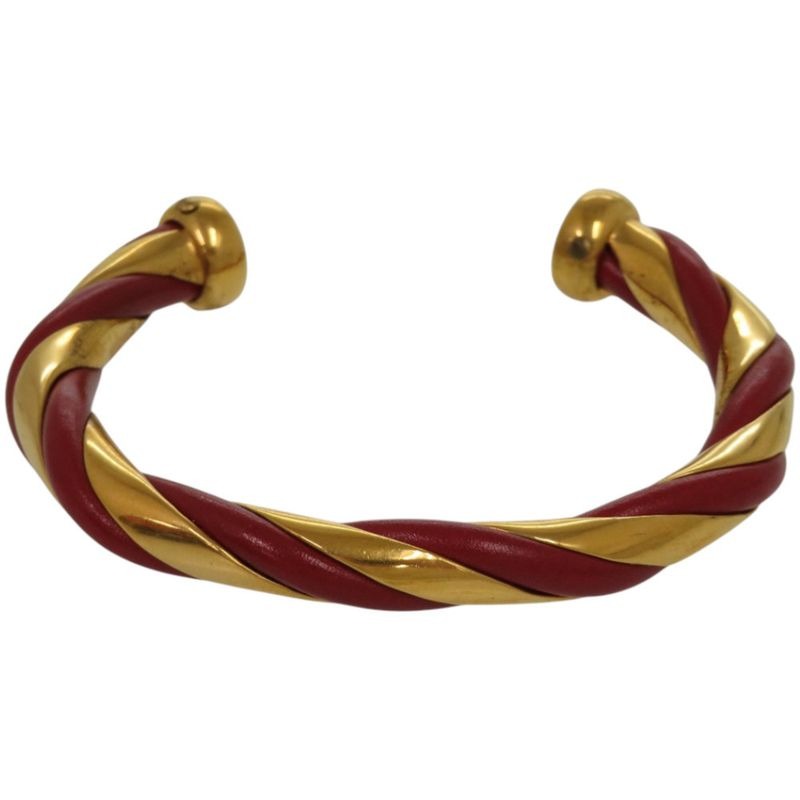 Hermes Twisted Metal Leather Red Gold Hardware Bangle 0079