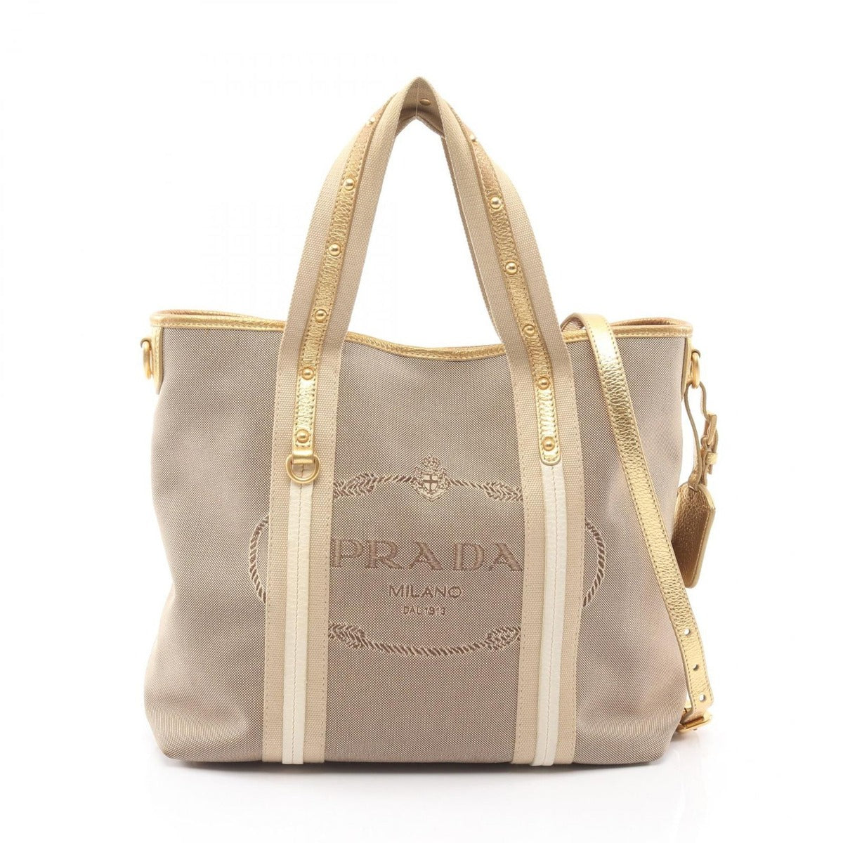 Prada Handbag Logo Jacquard Beige Gold Canvas Leather 2-Way