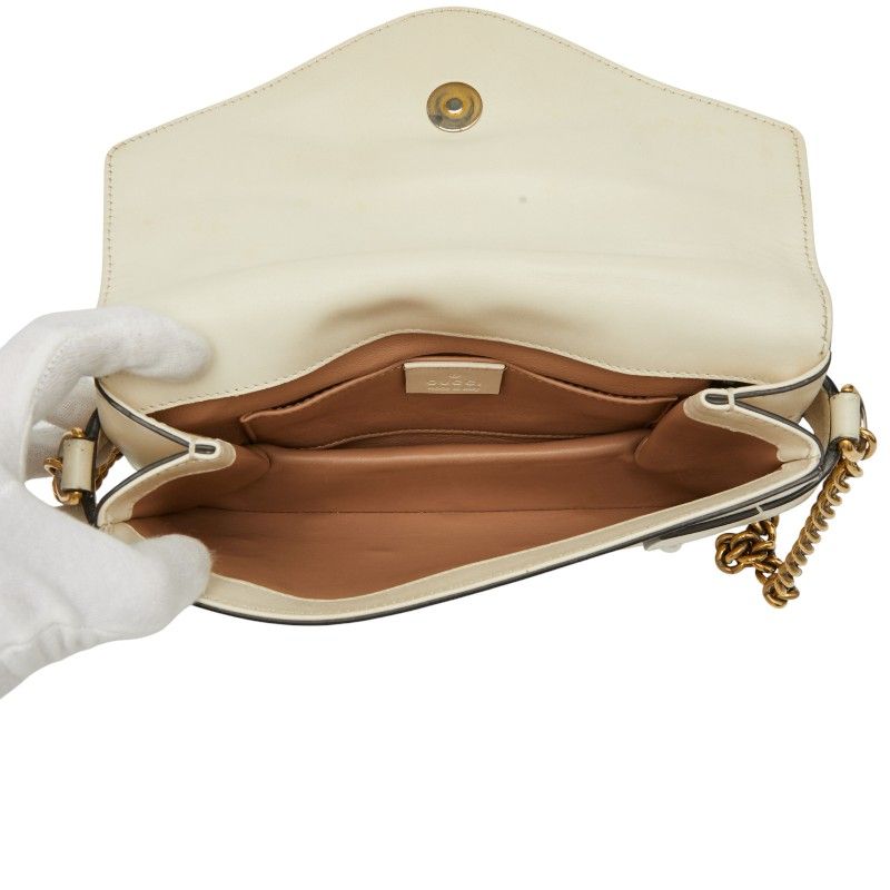Gucci Broadway Pearl And Bee Chain Shoulder Bag 2WAY 453778 White Gold Leather