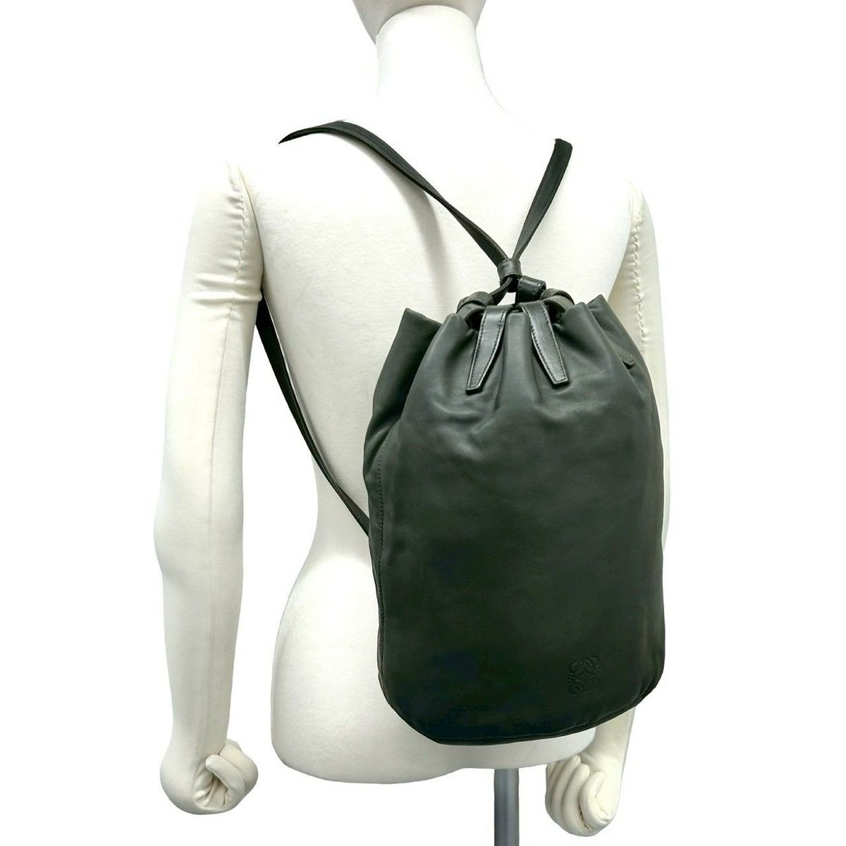 Loewe Vintage Anagram Logo Leather Drawstring Backpack Green — view 2