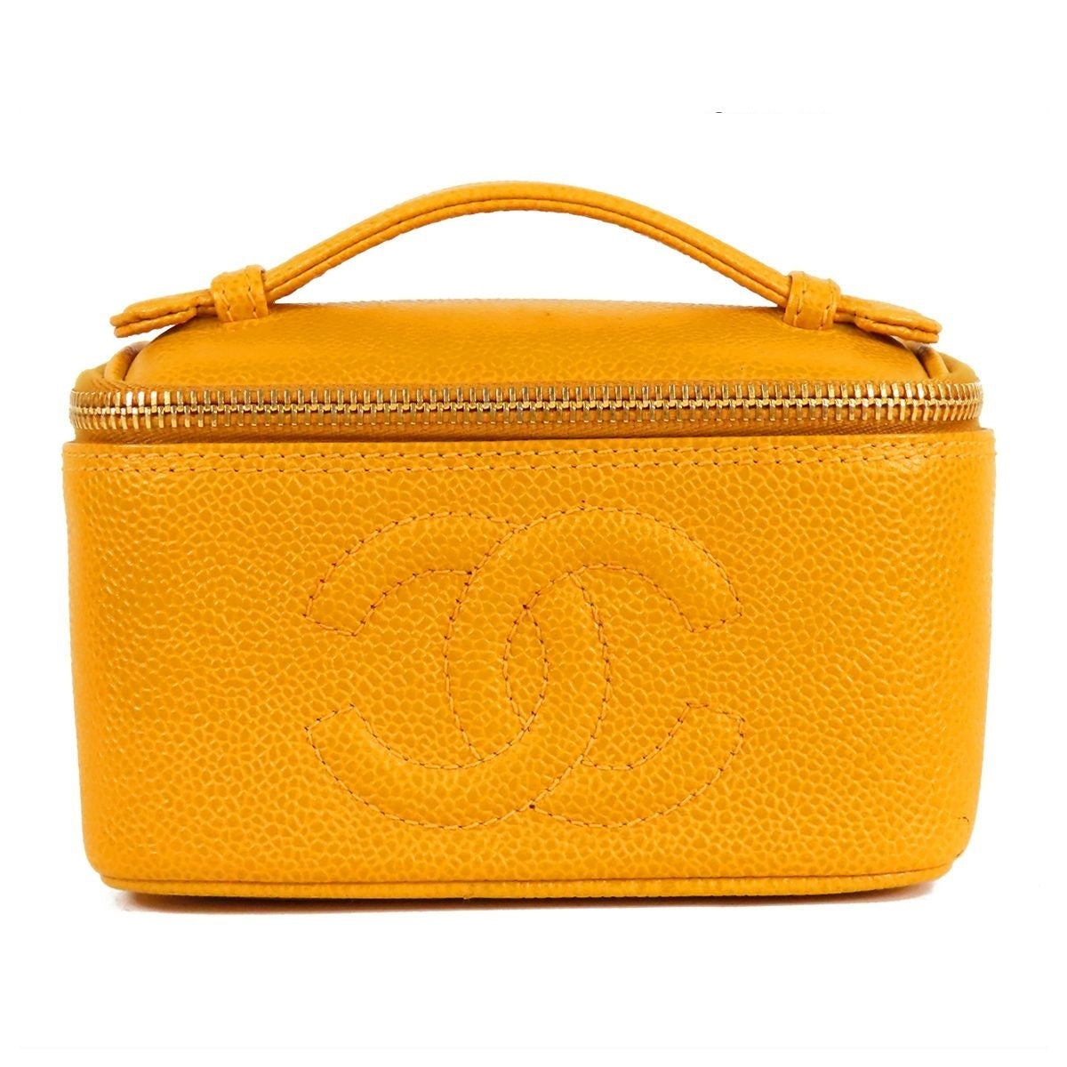 Chanel Vanity Handbag Mustard Gold Caviar Leather with Mirror Coco Stitch Pouch