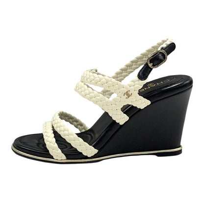 Chanel Sandals Shoes Lambskin White Black Coco Mark Braided Wedge Sole