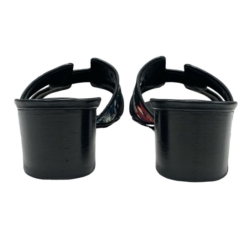 Hermes Oasis Sandals Shoes Leather Fabric Black Multicolor Mules