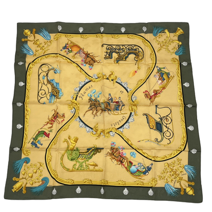 Hermes Carre 90 Plumes Et Grelots Scarf With Feathers And Bells Silk Yellow X