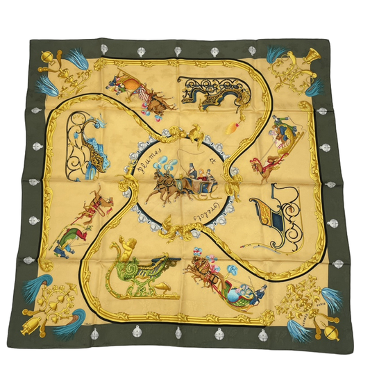 Hermes Carre 90 Plumes Et Grelots Scarf With Feathers And Bells Silk Yellow X