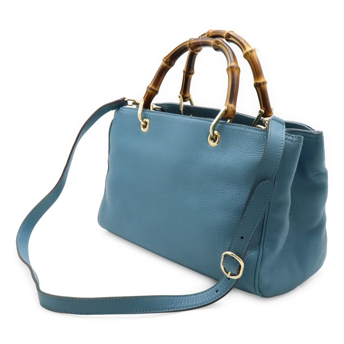 Gucci Bamboo Shopper Medium Size Leather Tote Handbag 2WAY Shoulder Bag Blue