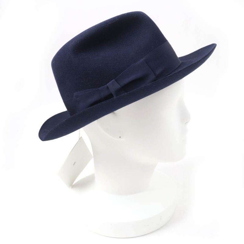 Hermes Rabbit Felt Lined 100% Silk Leather Use Felt Hat Navy 56 Made In Italy