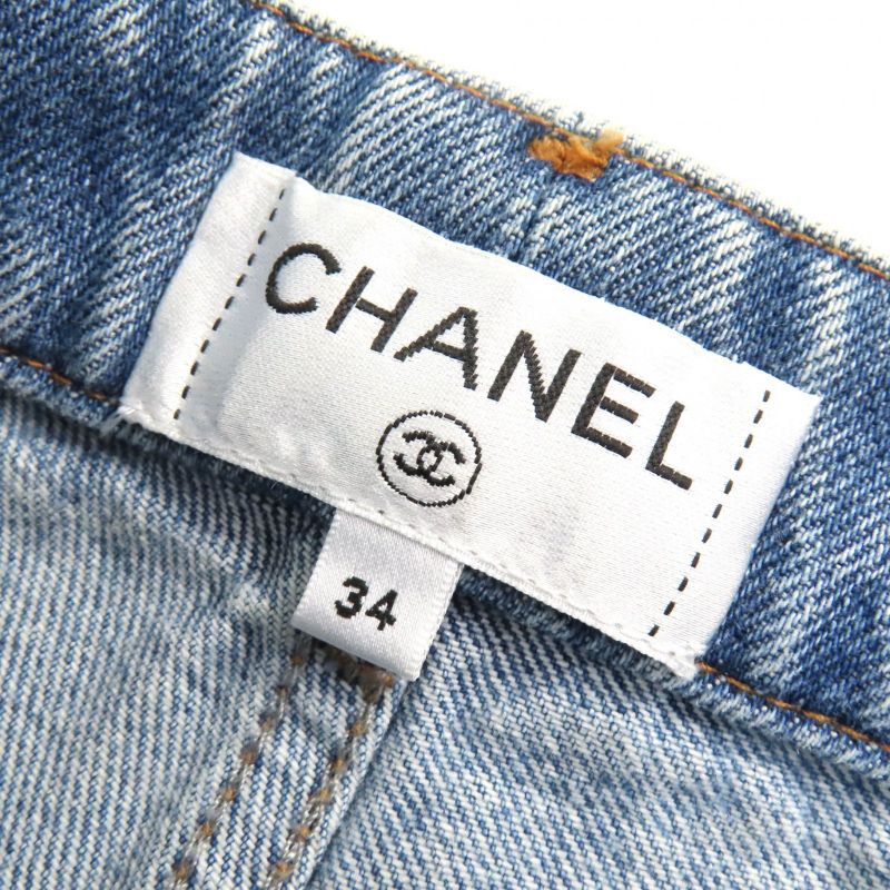 CHANEL P60217v46019 100% Cotton Coco Mark Button Damaged Tulle Cropped Denim