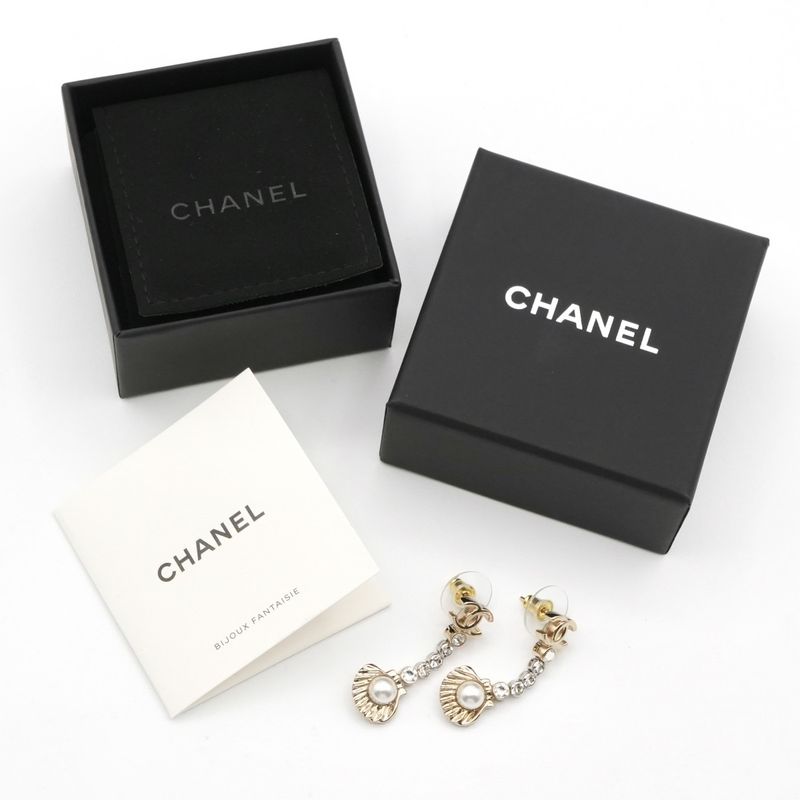 Chanel Earrings Earring Gold Coco Mark Drop Earrings Seashell Rhinestone