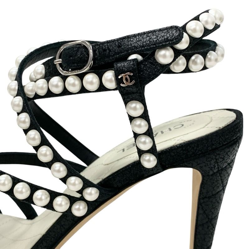Chanel Sandals Shoes Leather Black White Coco Mark Pearl Matelasse Strap