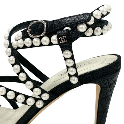 Chanel Sandals Shoes Leather Black White Coco Mark Pearl Matelasse Strap