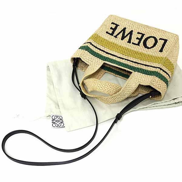 Loewe Font Tote Small Raffia Stripe Tote Bag Shoulder Bag 2WAY Rank A