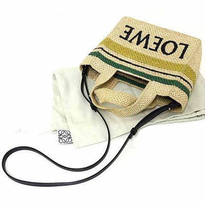 Loewe Font Tote Small Raffia Stripe Tote Bag Shoulder Bag 2WAY Rank A