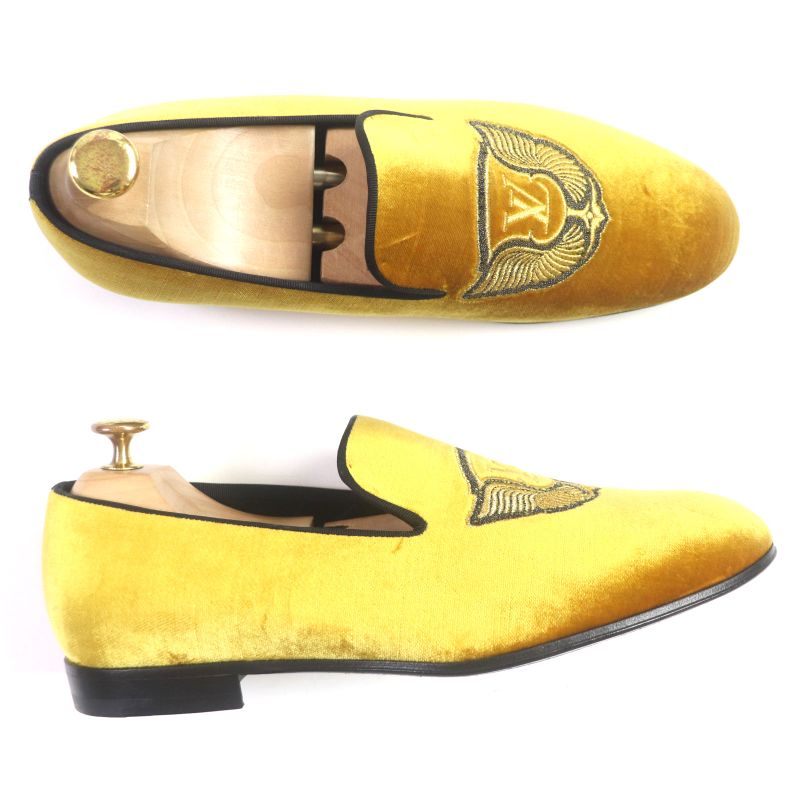 Louis Vuitton Hauteuil Line Velour Embroidered Slip-on Loafers Yellow 6 Made