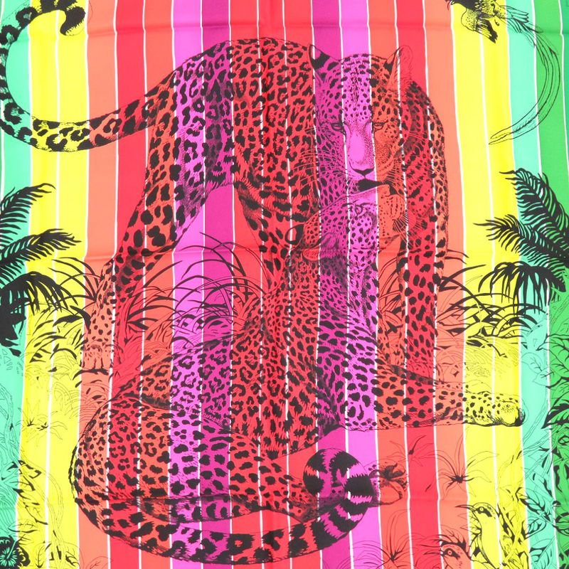 Hermes Carre 90 Jungle LOVE Rainbow Scarf Leopard Animal Stole Shawl Silk Hermes