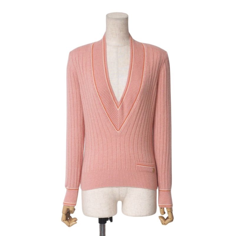 Chanel Knit 01P CC Logo Coco Mark All Cashmere Sweater V-neck Pink [recommended]