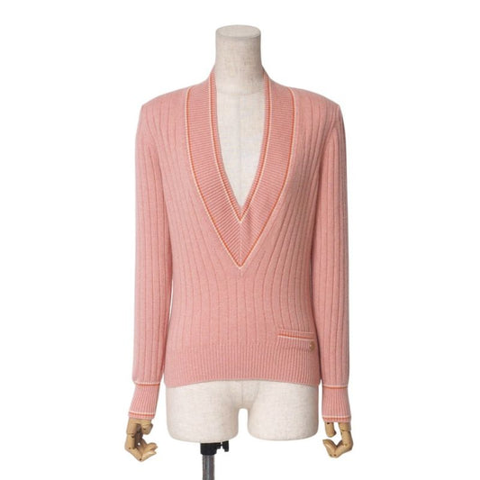 Chanel Knit 01P CC Logo Coco Mark All Cashmere Sweater V-neck Pink [recommended]