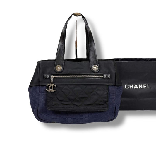 Chanel Paris Biarritz Mini Tote Shoulder Bag Navy Blue Black Bicolor Shoulder