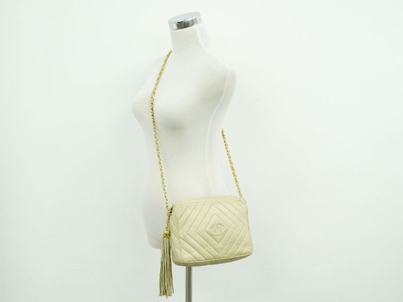 Authentic Chanel Coco Mark Tassel Shoulder Bag Pochette Lambskin Leather Beige