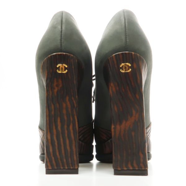 Chanel Booties Chunky Heel 14A G30128 C7257 Lace-up #36 Leather Wood-like