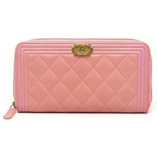 Chanel Round Zip Long Wallet Boy Chanel Coco Mark Pink Authenticity With Box