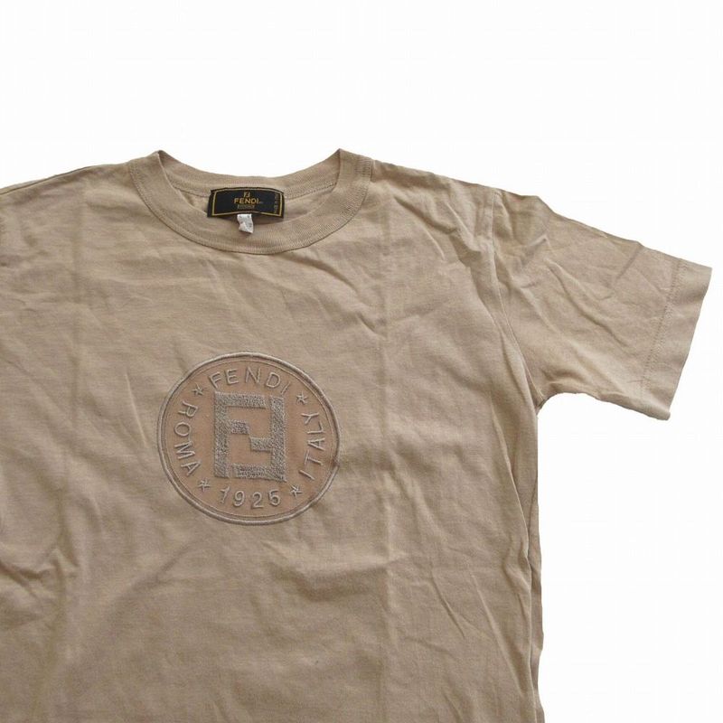 Fendi Logo Embroidery Short Sleeve T-Shirt Top Beige Size M Women's