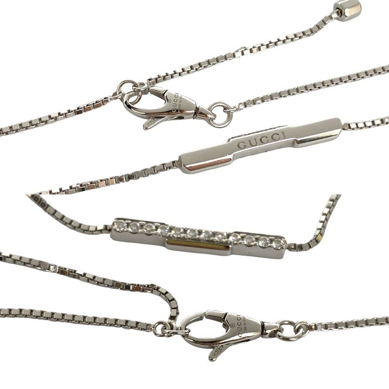 Gucci Link To Love Bar Pendant 18Kwhite Gold Diamond Chain Necklace Silver