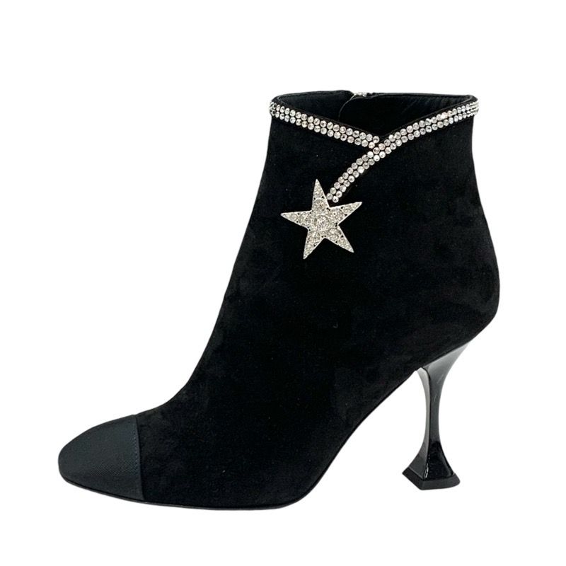 Chanel Boots Short Boots Shoes Suede Fabric Black Rhinestone Star