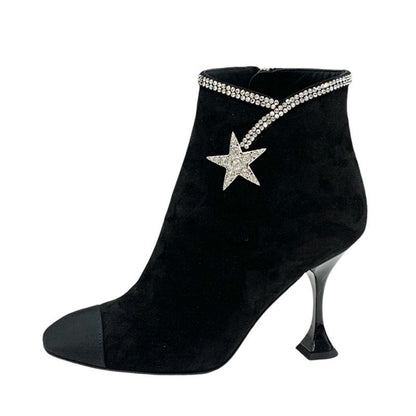 Chanel Boots Short Boots Shoes Suede Fabric Black Rhinestone Star