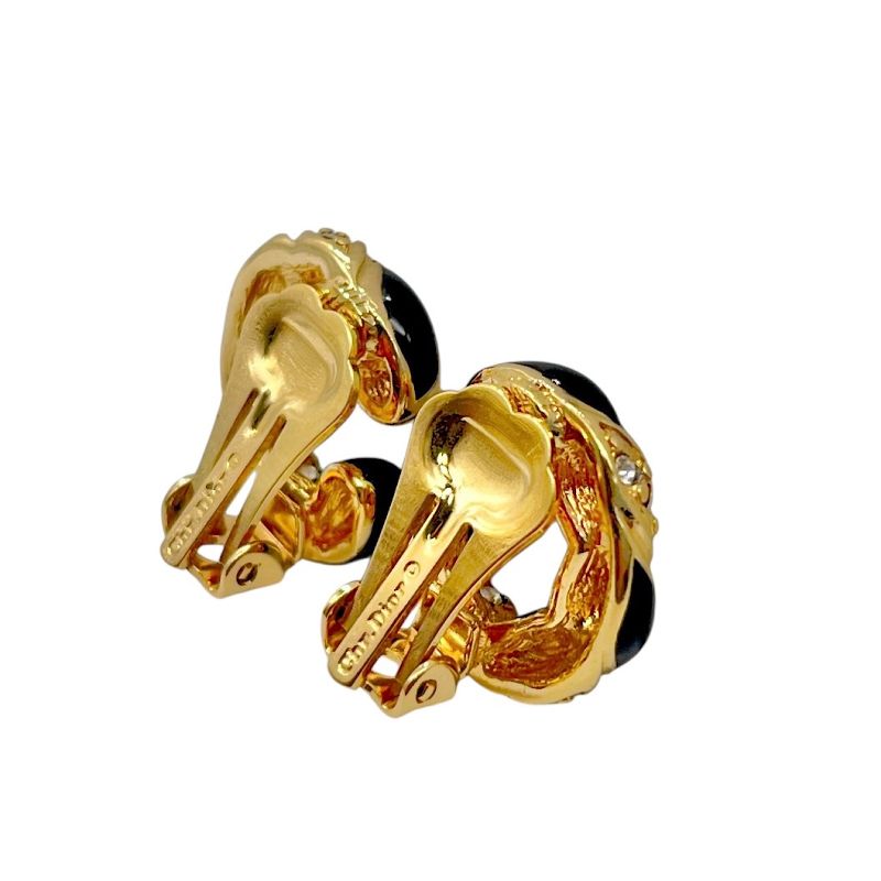 Christian DIOR Earrings Metal Black Stone Rhinestone Twisted Gold