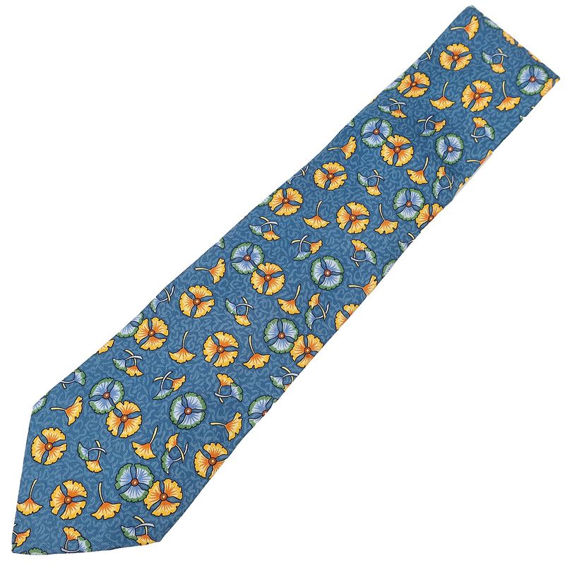 Hermes Tie Botanical Pattern 9cm (3.54in) Silk Blue and Multicolor Blue Ginkgo