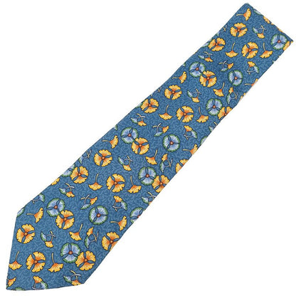 Hermes Tie Botanical Pattern 9cm (3.54in) Silk Blue and Multicolor Blue Ginkgo