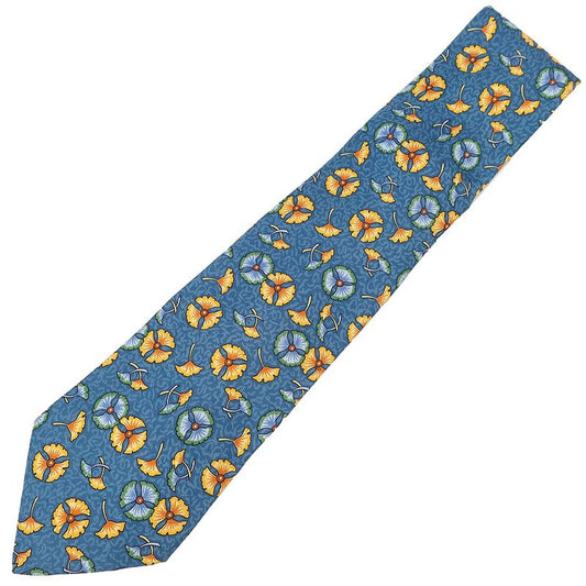 Hermes Tie Botanical Pattern 9cm (3.54in) Silk Blue and Multicolor Blue Ginkgo