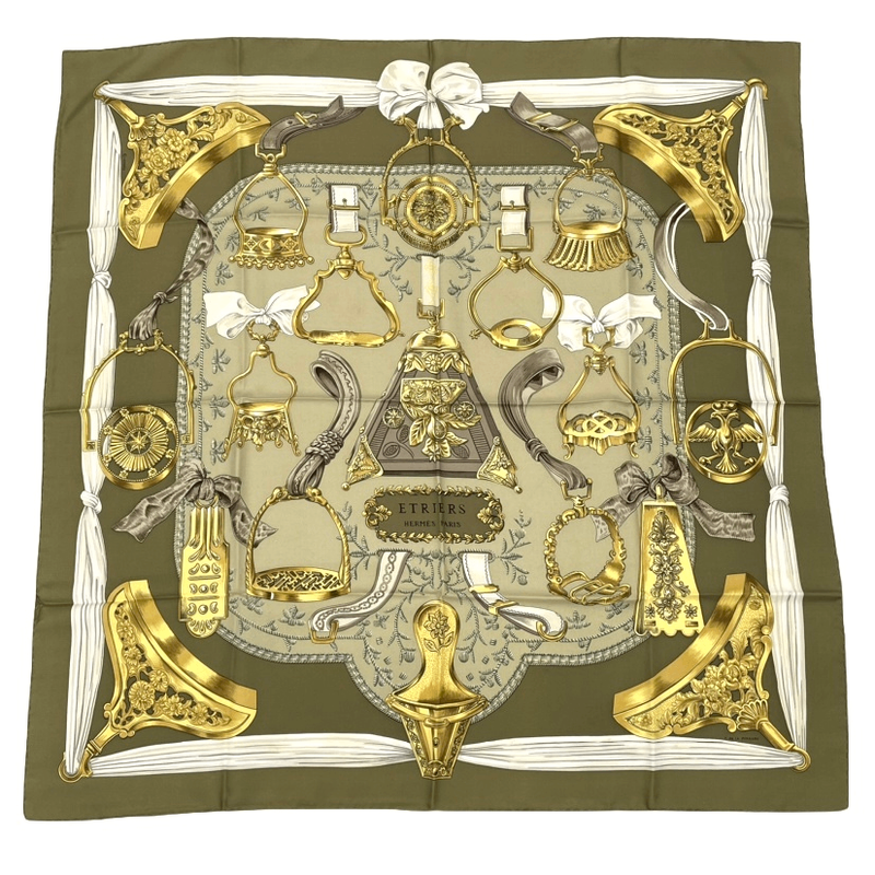 Hermes Carre 90 Etriers Scarf With Stirrup And Harness Pattern Silk Brown