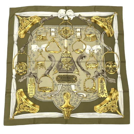 Hermes Carre 90 Etriers Scarf With Stirrup And Harness Pattern Silk Brown