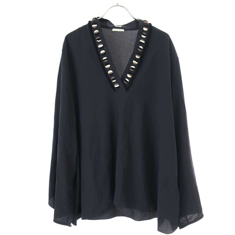 Hermes 2018 Resort Embroidery V-Neck Pullover Blouse Navy 42