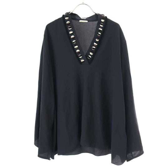 Hermes 2018 Resort Embroidery V-Neck Pullover Blouse Navy 42