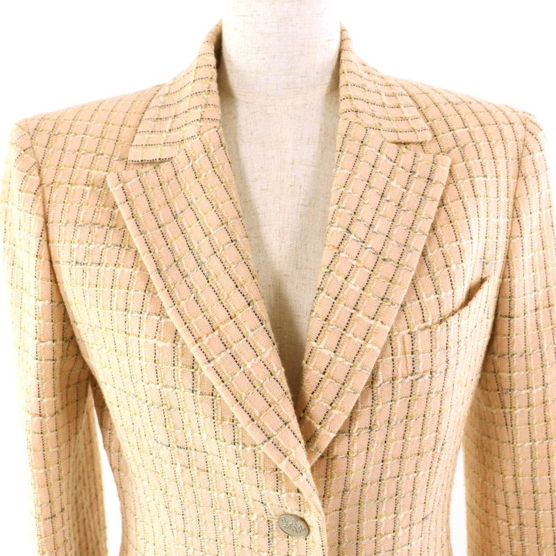 CHANEL Vintage 98P P10823 Coco Mark Button Checked Wool Tweed Tailored Jacket